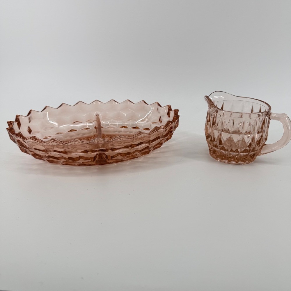 Vintage‎ Pink Glass Candy Dish & Creamer Set Diamond Cut Geometric Art Deco